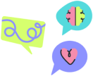 Ilustração de três balões de fala um com um coração, outro com um cerebro e um terceiro com linha enrolada