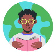 Ilustração de um garoto lendo com o planeta terra ao fundo