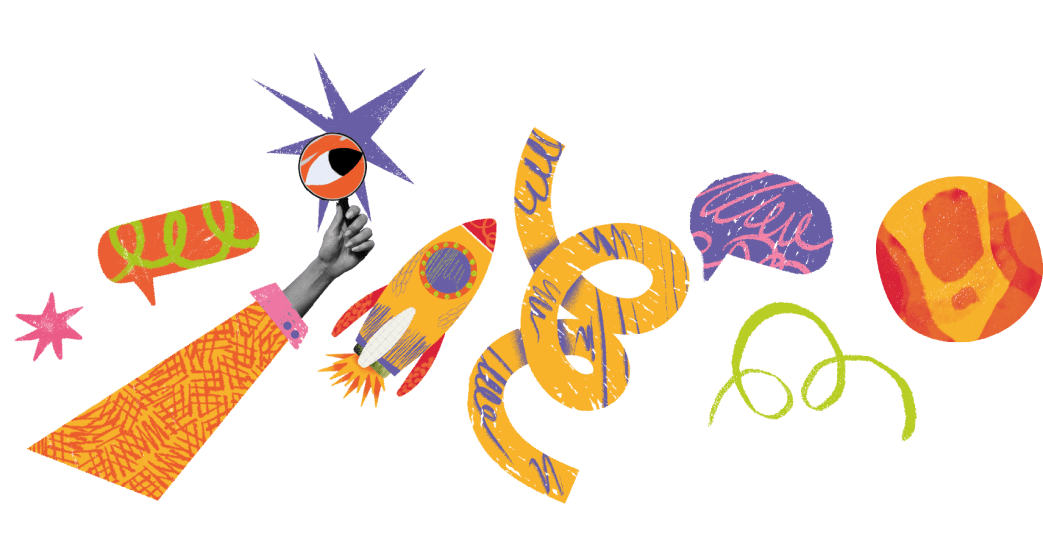 Ilustrações de foguetes, balões de fala, cordas e lupa