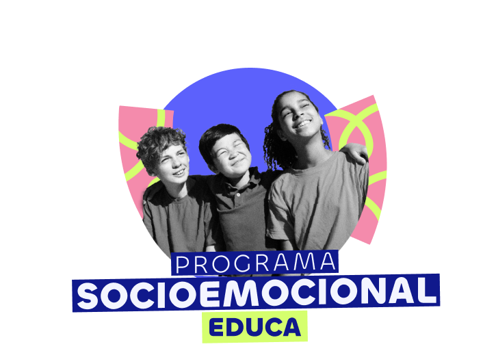 Imagem com o nome 'Programa Socioemocional Educa' e três crianças sorrindo