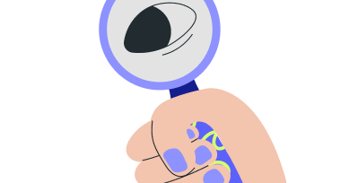 Ilustração de uma mão segurando uma lupa com um olho